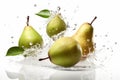 AI generated illustration of ripe pears with liquid droplets splashing up on a white background Royalty Free Stock Photo