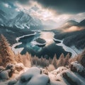 AI generated illustration of a river flowing through snowy mountain forest Royalty Free Stock Photo