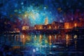 AI generated illustration of a river illuminated at night a town on the shore in a watercolor style