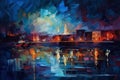 AI generated illustration of a river illuminated at night a town on the shore in a watercolor style