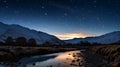 AI generated illustration of a river in a meadow in snowy mountains under the starry night sky