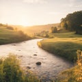 AI generated illustration of a river winding its way through a lush green grassy field Royalty Free Stock Photo