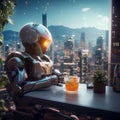 AI generated illustration of a robot drinking on the terrace with a glass of iced beverage