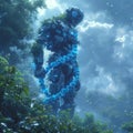 AI generated illustration of a robot perched atop sky-high trees, surrounded by billowing clouds Royalty Free Stock Photo