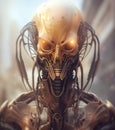 AI generated illustration of a robotic alien-like creature with a complex metal exterior