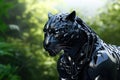 AI generated illustration of a robotic black panther in a lush forest