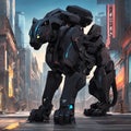 AI generated illustration of a robotic black panther in a modern cityscape with tall buildings