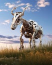 AI generated illustration of a robotic bovine standing in a grassy meadow