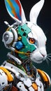 AI generated illustration of a robotic bunny with connected wires and multicolored ears Royalty Free Stock Photo
