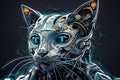 AI generated illustration of a robotic cat with mesmerizing blue eyes resting on the floor Royalty Free Stock Photo