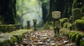 AI generated illustration of a robotic figure in a forest surrounded by a pile of logs