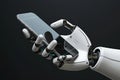 AI generated illustration of a robotic hand cradles a smartphone against a sleek black backdrop