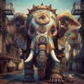 AI generated illustration of a robotic metal elephant with vibrant colors walking down a street