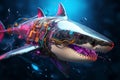 AI generated illustration of a robotic shark swimming in a vibrant underwater world