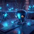 AI generated illustration of robotic spider figures in neon blue lights