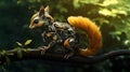 AI generated illustration of  a robotic squirrel perched on a tree branch  with a blurry background Royalty Free Stock Photo