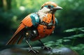 AI-generated illustration of a robotic, white bird with orange and blue wings