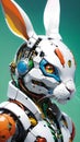 AI generated illustration of a robotic white rabbit figurine on a green background