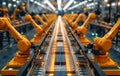 AI generated illustration of robots assembling machines at the factory line