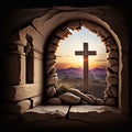 AI generated illustration of A rock window open to the view of a large cross in the foreground