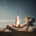 AI generated illustration of a rocket launching from a launch pad, emitting a plume of smoke Royalty Free Stock Photo