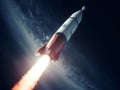 AI generated illustration of a rocket taking off into the sky with its jet engine providing lift-off Royalty Free Stock Photo