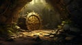 AI generated illustration of a rocky cave in the forest with a fantasy gear