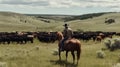 AI generated illustration of a rodeo cowboy on horseback guides a cattle through a green meadow