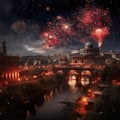 AI generated illustration of the Rome skyline with fireworks over it at night Royalty Free Stock Photo