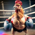 AI generated illustration of a rooster wearing boxing gloves standing in a boxing ring