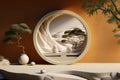 AI generated illustration of a round doorway leading to a tranquil zen garden with green foliage