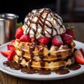 a waffle topped with strawberries and whipped cream on a plate Royalty Free Stock Photo