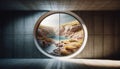 AI generated illustration of a round window framing a stunning view of a mountain landscape Royalty Free Stock Photo