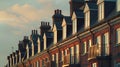 AI generated illustration of a Row of brick houses with chimneys under a cloudy blue sky Royalty Free Stock Photo