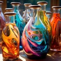 AI generated illustration of a row of colorful bottles in a sunny outdoor setting