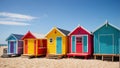 AI generated illustration of a row of colorful huts on a sandy beach Royalty Free Stock Photo