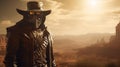 AI generated illustration of a rugged cowboy in a black outfit and mask amid a desert landscape