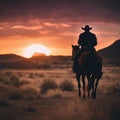 AI-generated illustration of A rugged cowboy silhouetted against a stunning backdrop of a sunset