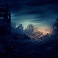 AI generated illustration of a ruined city in a state of disrepair, with broken buildings at night