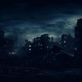 AI generated illustration of a ruined city in a state of disrepair, with broken buildings at night