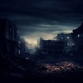 AI generated illustration of a ruined city in a state of disrepair, with broken buildings at night