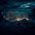 AI generated illustration of a ruined city in a state of disrepair, with broken buildings at night