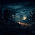 AI generated illustration of a ruined city in a state of disrepair, with broken buildings at night