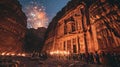 AI-generated illustration of the ruins of Petra illuminated by festive fireworks, Jordan Royalty Free Stock Photo