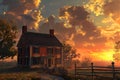 AI generated illustration of a rural country home at sunset depicted in a painting Royalty Free Stock Photo