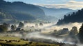 AI generated illustration of rural hills in fog at golden hour