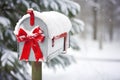 AI generated illustration of a rural mailbox covered in fresh snow with a red bow