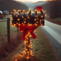 AI-generated illustration of a rural road with a mailbox adorned in festive lights