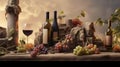 AI generated illustration of a rustic background with bottles of wines and bunches of ripe grapes Royalty Free Stock Photo