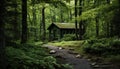 AI generated illustration of a rustic cabin in the woods along a picturesque dirt path